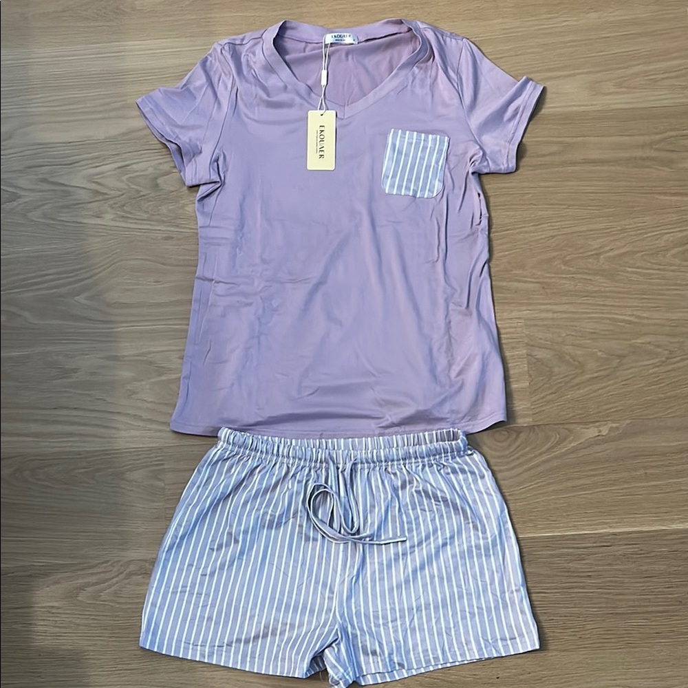 Lavender Pajama Set with Striped Shorts